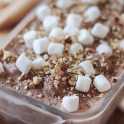 chocolate rocky road ice cream with nuts and mini marshmallows