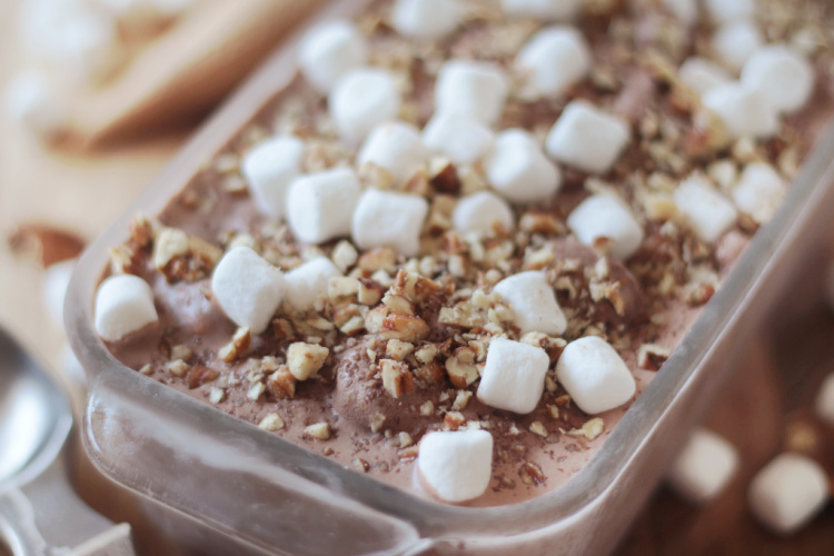 chocolate rocky road ice cream with nuts and mini marshmallows