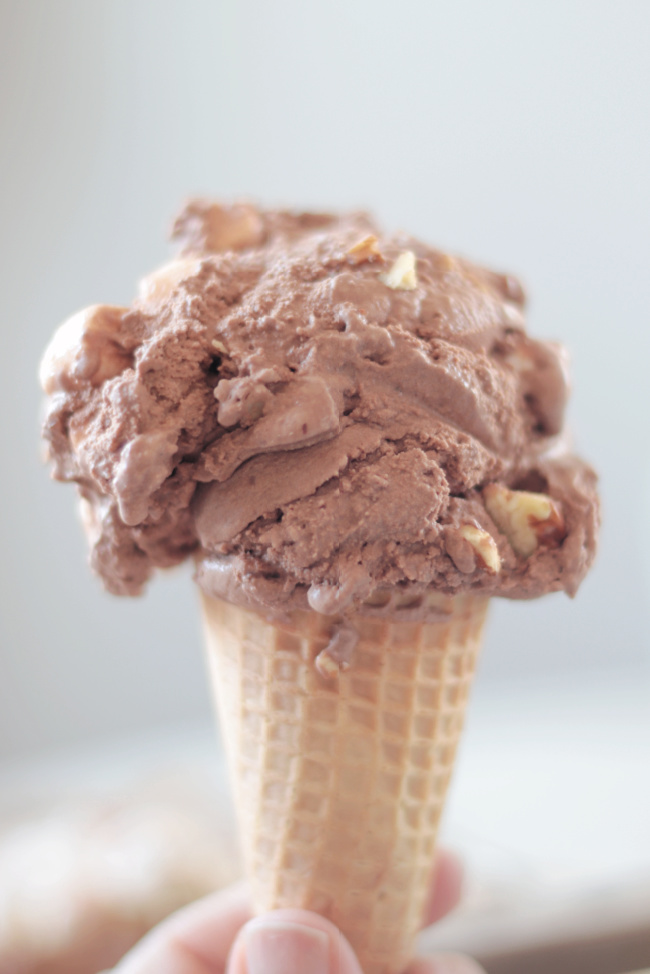 scoop of rocky road ice cream on a sugar cone