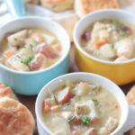 chicken pot pie soup in small soup crocks