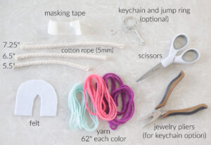 yarn, rope, scissors, pliers, tape, scissors and felt