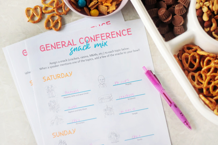 general conference snack mix printable and pen