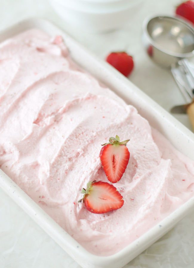 loaf pan full of strawberry ice cream