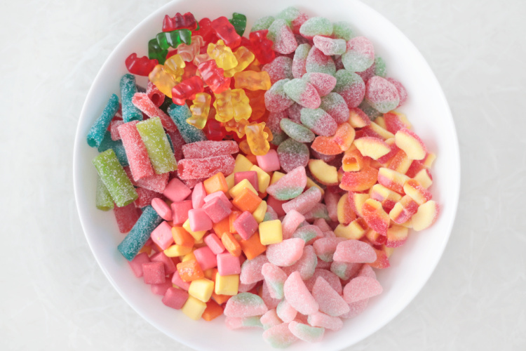 fruit salad candy mix in bowl