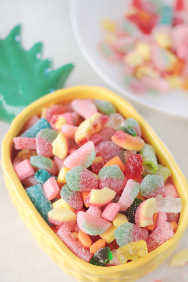 fruit salad candy mix in pineapple dish