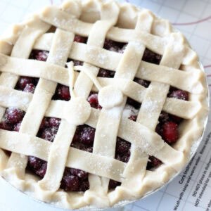 Cherry pie on prep mat.