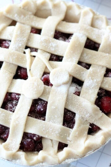 Cherry pie on prep mat.