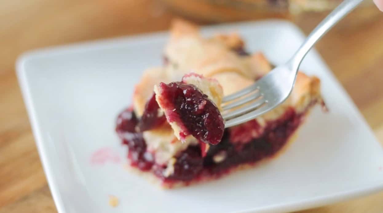 Bite of cherry pie on a fork.