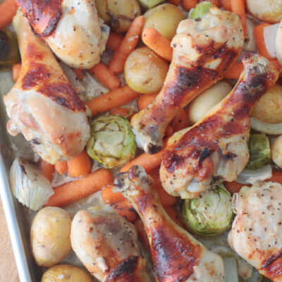 pan of buttermilk roasted chicken legs and vegetables