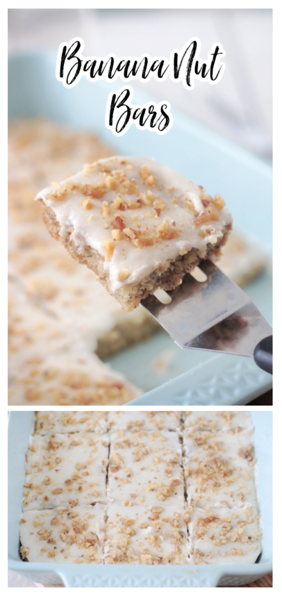 frosted banana bars in baking pan and on spatula