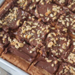 pan of chocolate peanut butter cookie bars cut into squares