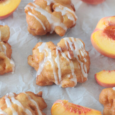 peach fritters and sliced peaches