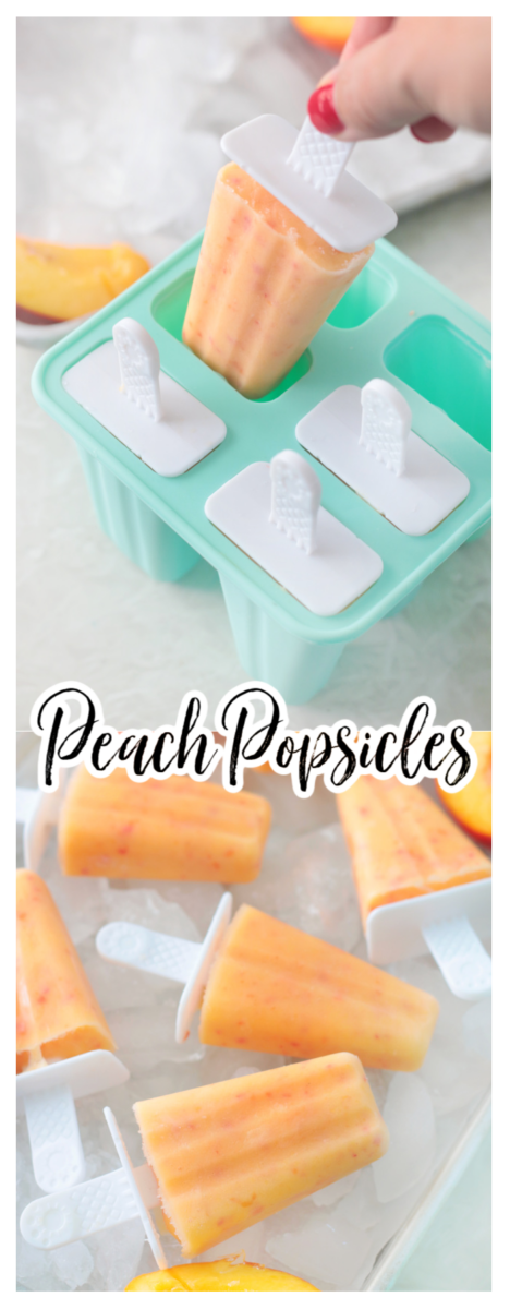 fresh peach popsicles on tray of ice and in popsicle mold