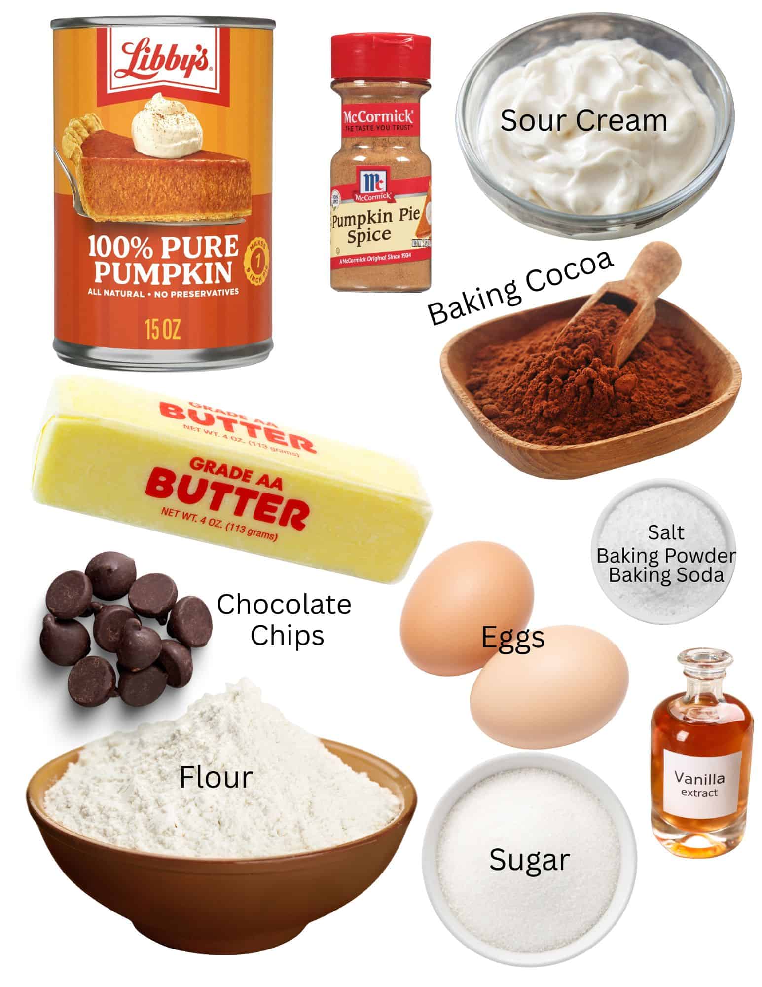 Can of pumpkin puree, pumpkin pie spice, bowls of sour cream, flour, sugar, salt, baking powder and baking soda with two eggs, stick of butter, chocolate chips, baking cocoa and vanilla.