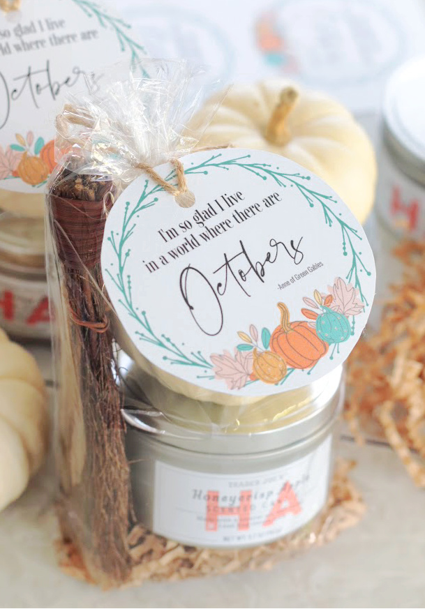 cellophane bag full of fall goodies with printable Anne of green gables tag