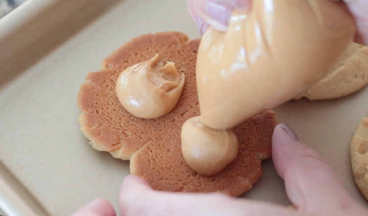 peanut butter filling piped onto peanut butter cookie