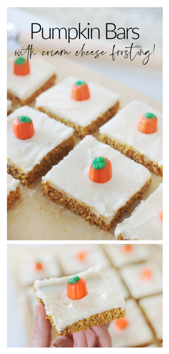 pumpkin bars cut into squares with candy pumpkins on top