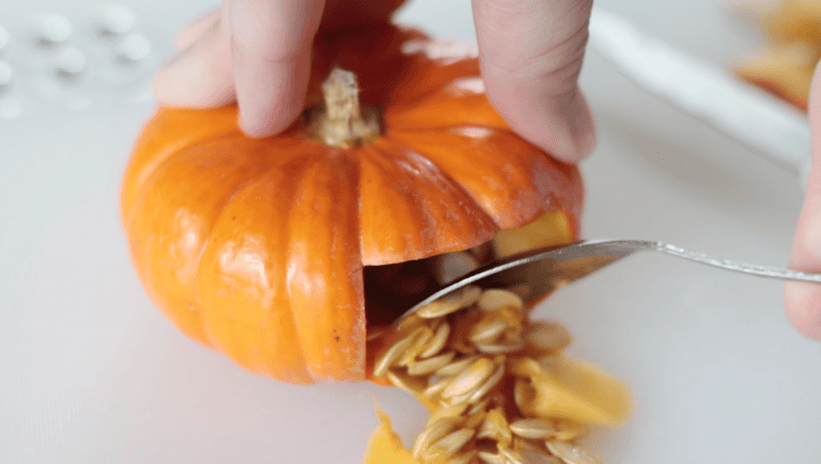 Spoon scooping out pumpkin guts.