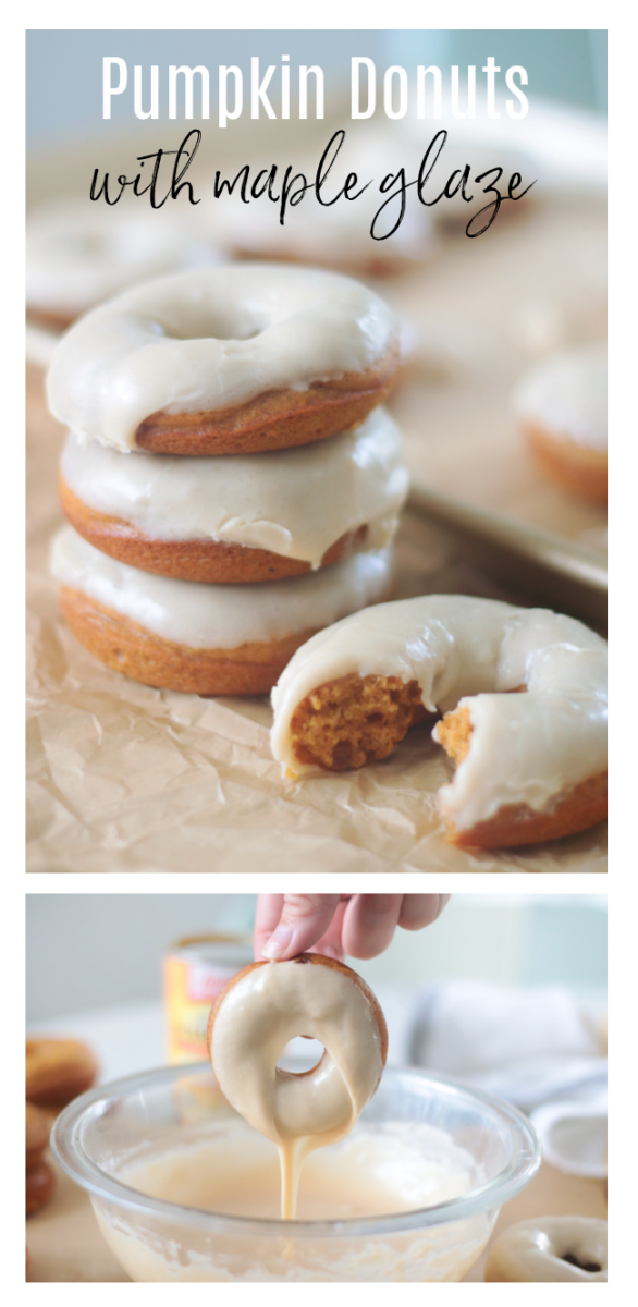 stack of pumpkin donuts and one dipped into glaze