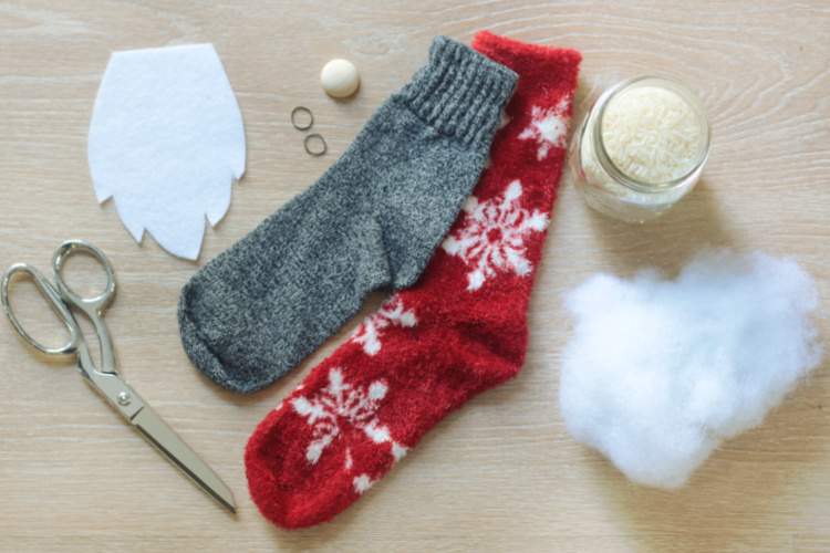 sock gnome supplies: scissors, felt, socks, stuffing, rice, wood bead