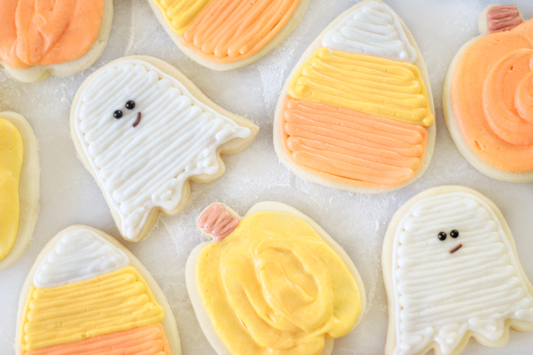 ghost, pumpkin and candy corn shaped sugar cookies