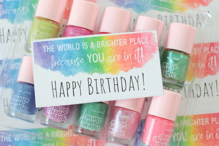 nail polish birthday tag with mini bottles of nail polish