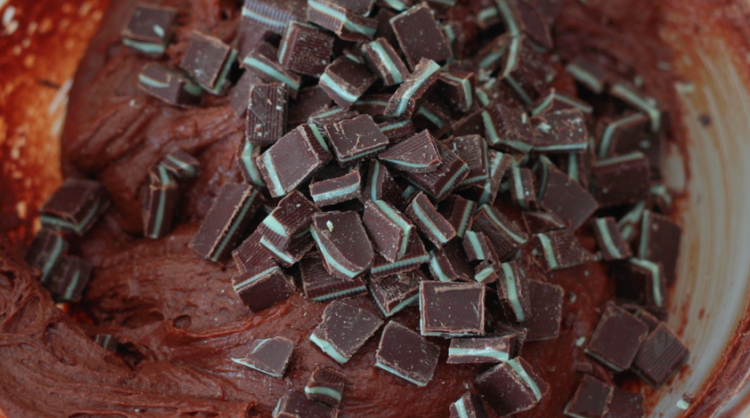 chopped up andes mints candy in bread batter