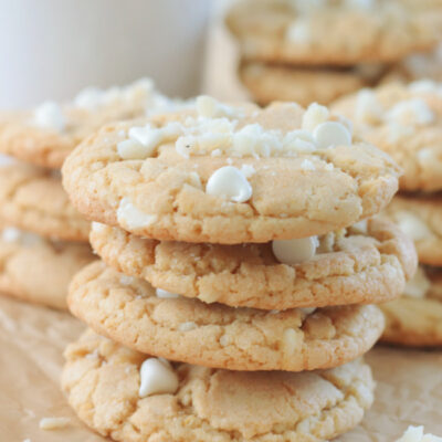 stack of brown butter white chocolate macadamia nut cookies