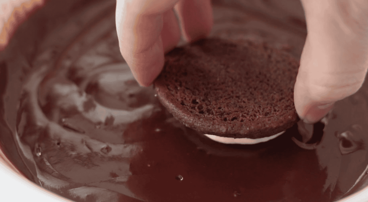 Top of chocolate cookie dipped in ganache.