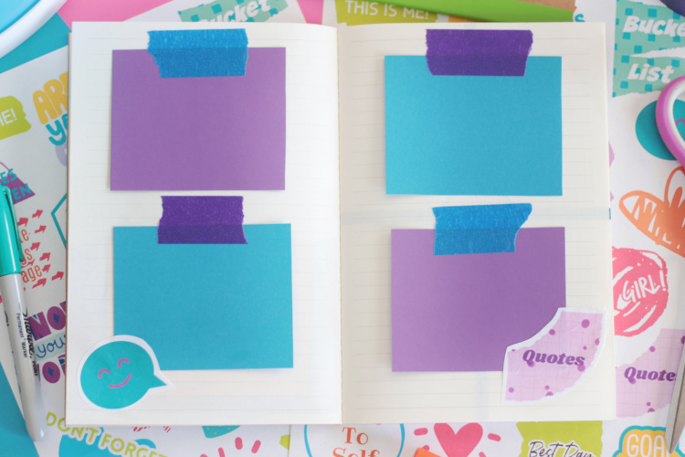 small squares of purple and blue paper taped into book