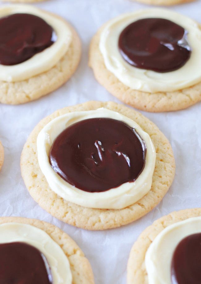 boston cream cookies on parchment paper