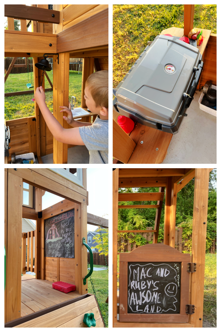 mini grill, dinner bell and other features of swing set