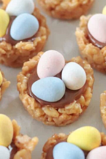 Mini scotcheroos topped with cadbury egg candies.