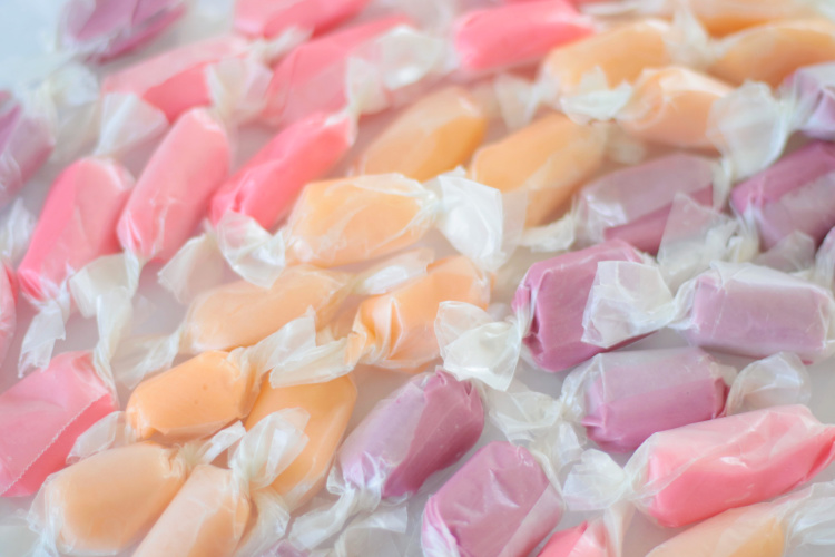 homemade salt water taffy wrapped in wax paper
