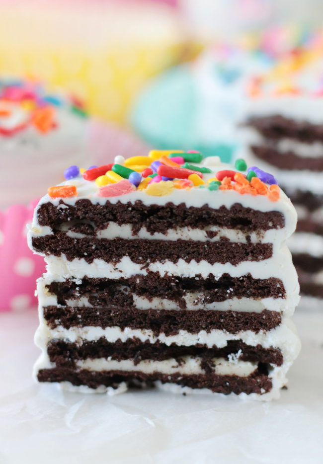 chocolate covered oreo stack cut in half