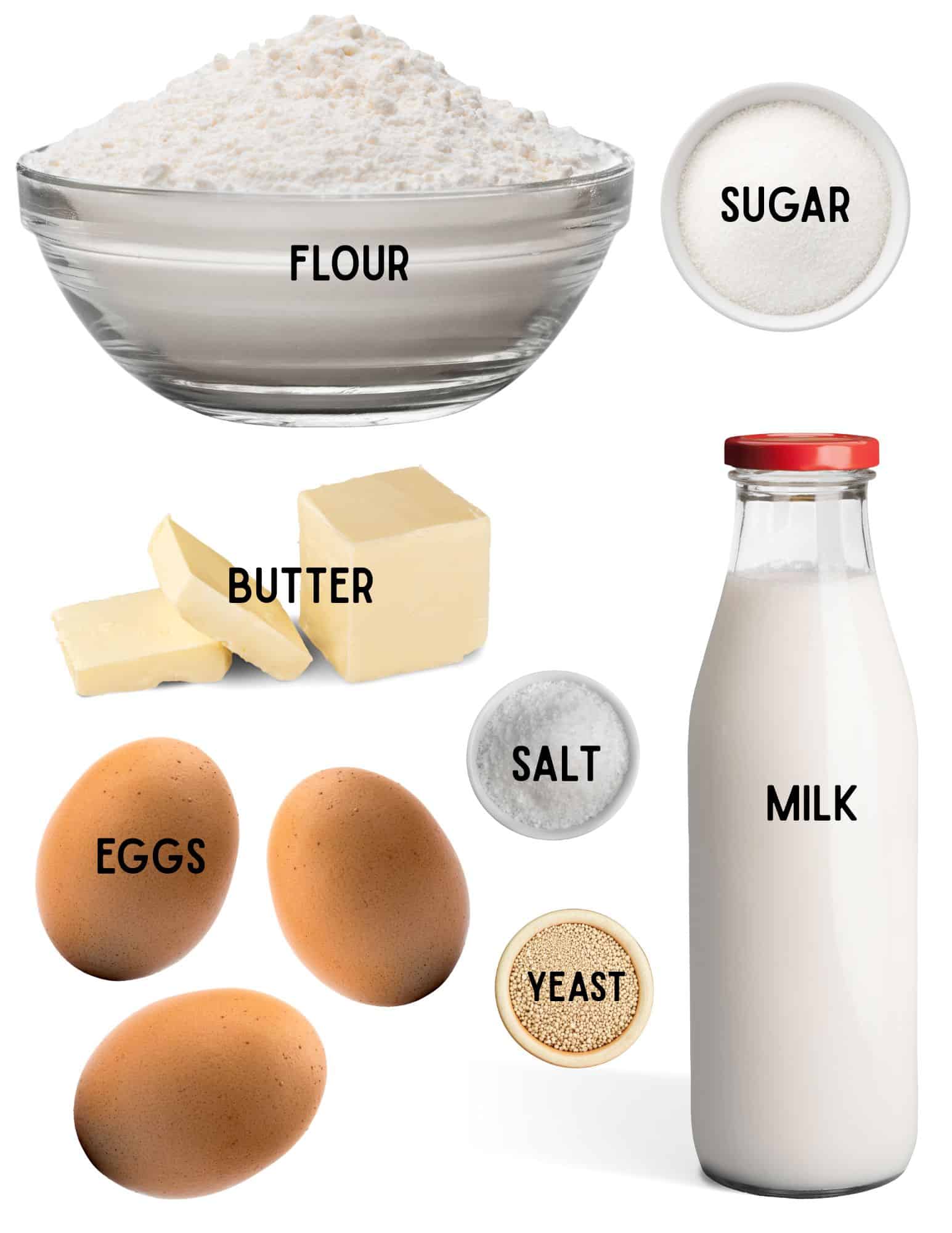 Bowls of flour, sugar, salt, yeast, bottle of milk, 3 eggs and stick of butter.