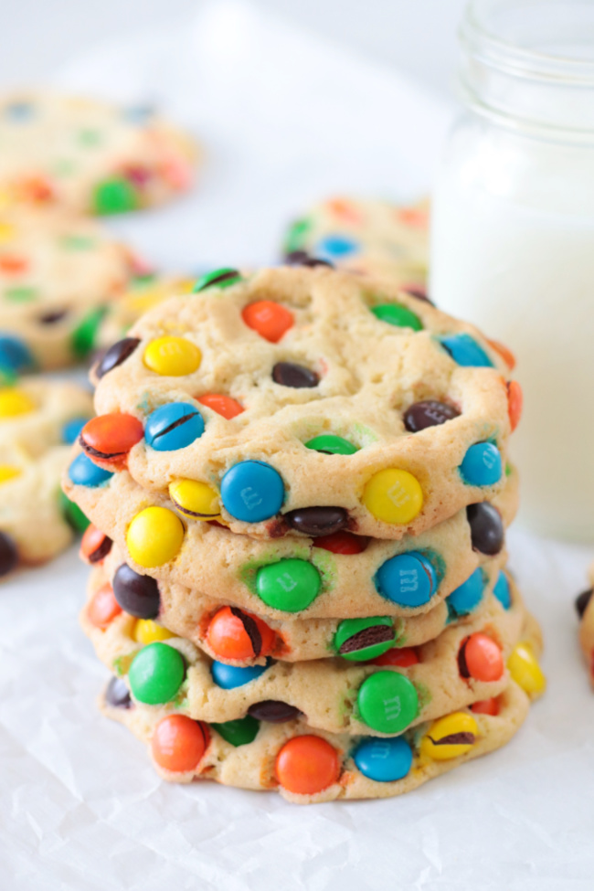 stack of bakery style M&M cookies