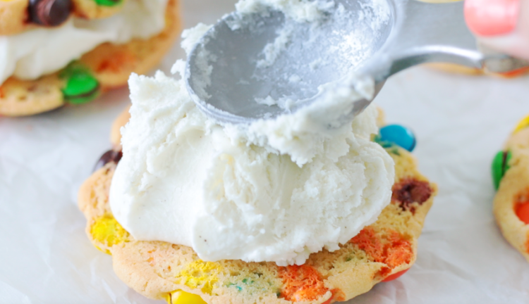 scoop of vanilla ice cream on cookie