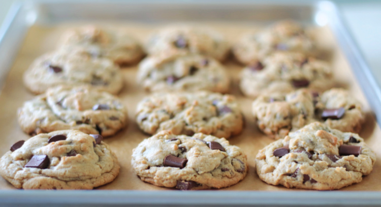 tray of copycat chick-fil-a chocolate chunk cookies