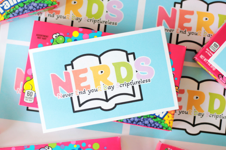 nerds scripture tag cut out and on box of candy