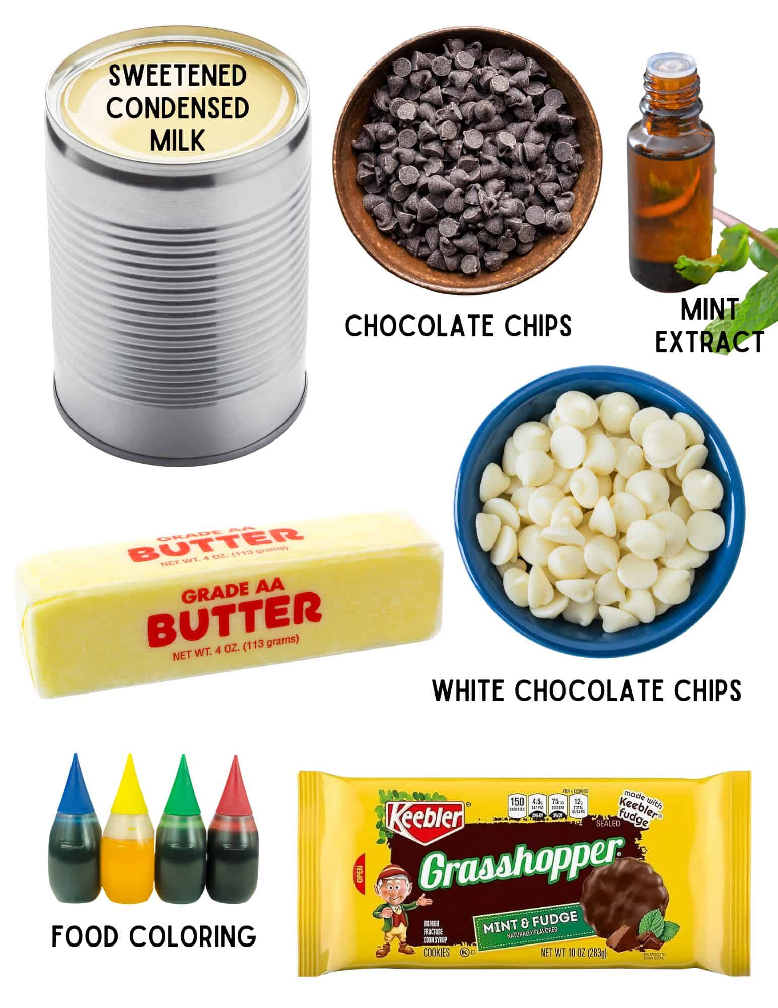 Can of sweetened condensed milk, bowls of chocolate chip and white chocolate chip, stick of butter, bag of mint cookies, food coloring, and bottle of mint extract.