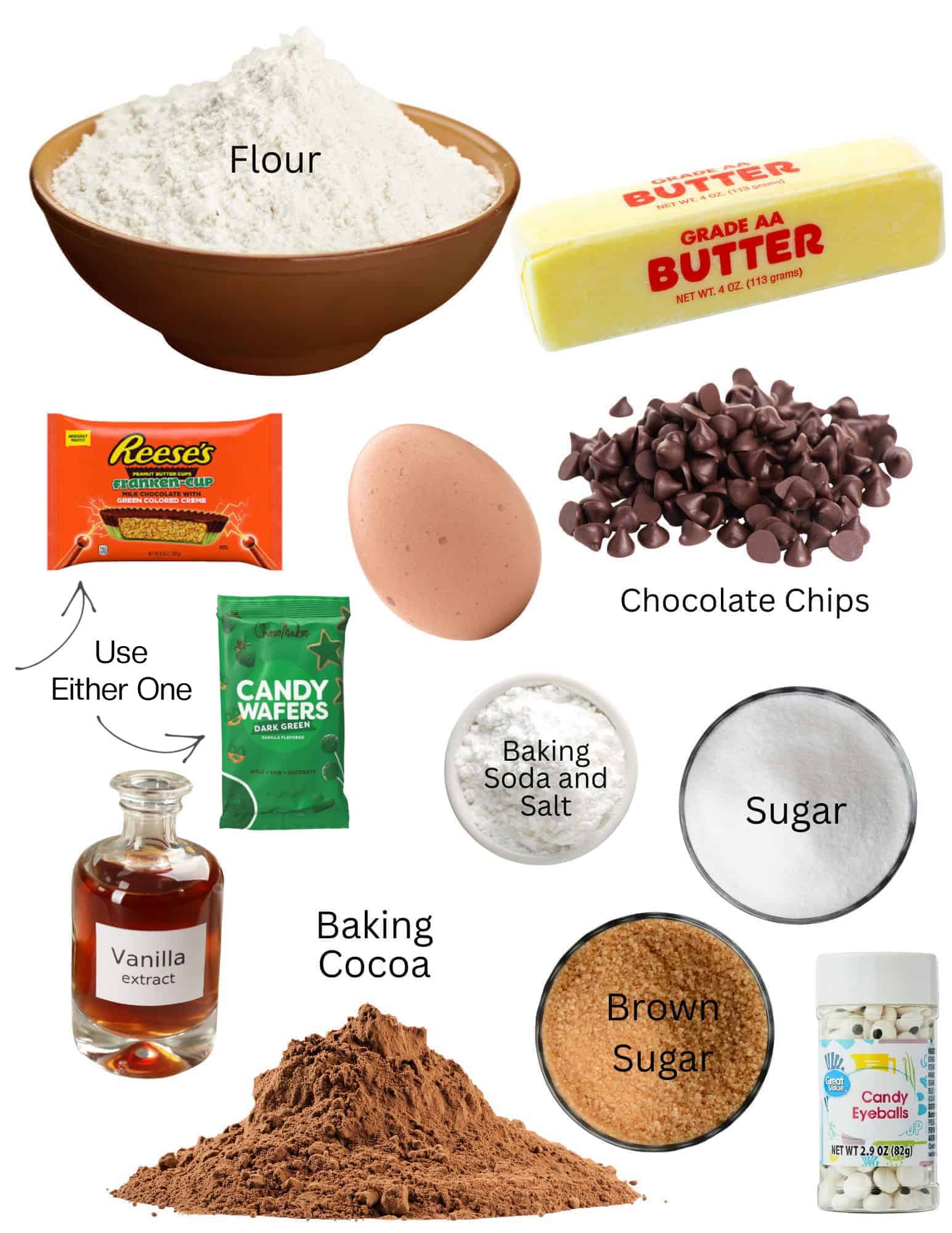 Bowls of flour, baking soda and salt, sugar, brown sugar, baking cocoa, bottle of candy eyes, pile of chocolate chips, eggs, stick of butter, green candy melts, bottle of vanilla, green peanut butter cups.