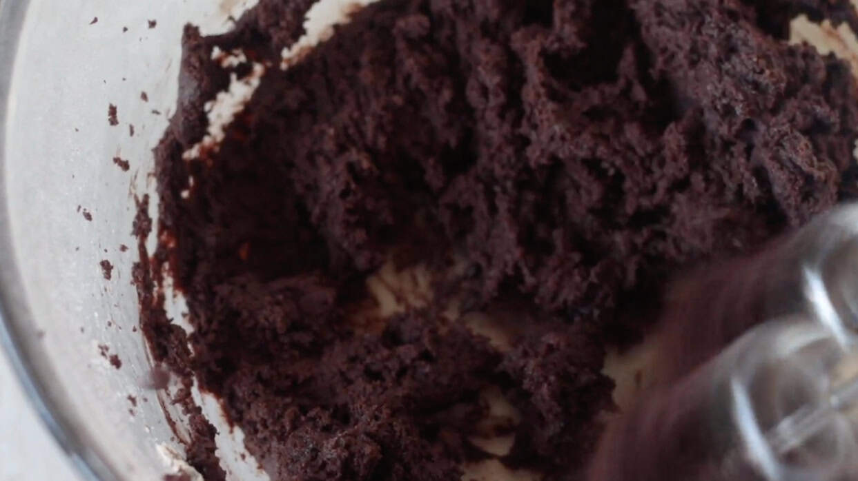 Chocolate cookie dough in bowl.