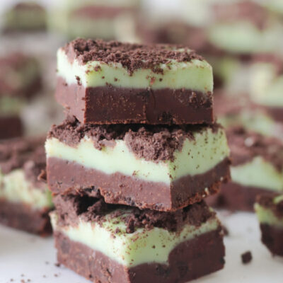 3 pieces of mint fudge stacked