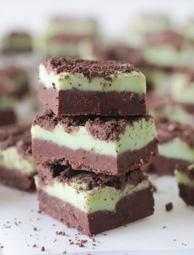 3 pieces of mint fudge stacked