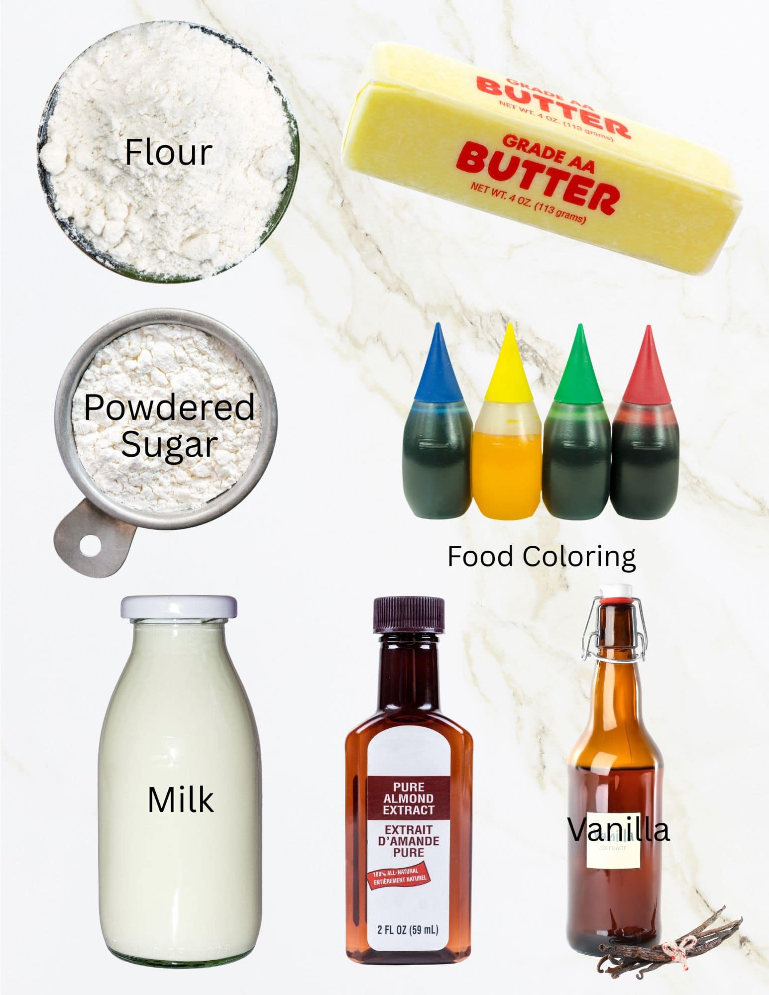 Bowls of flour and powdered sugar, stick of butter, bottle of milk, food coloring, bottles of vanilla and almond extract.
