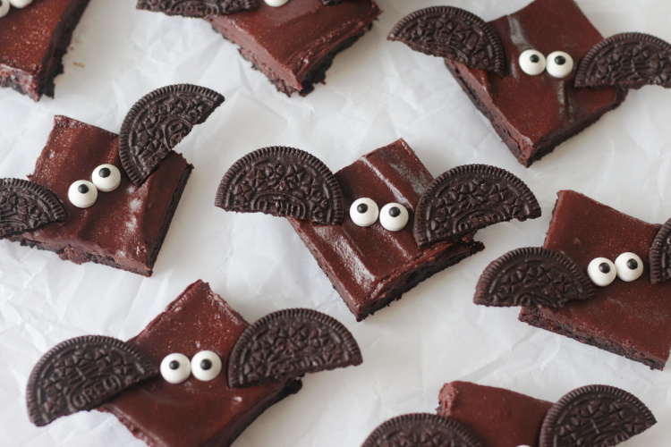 halloween bat brownies on parchment paper