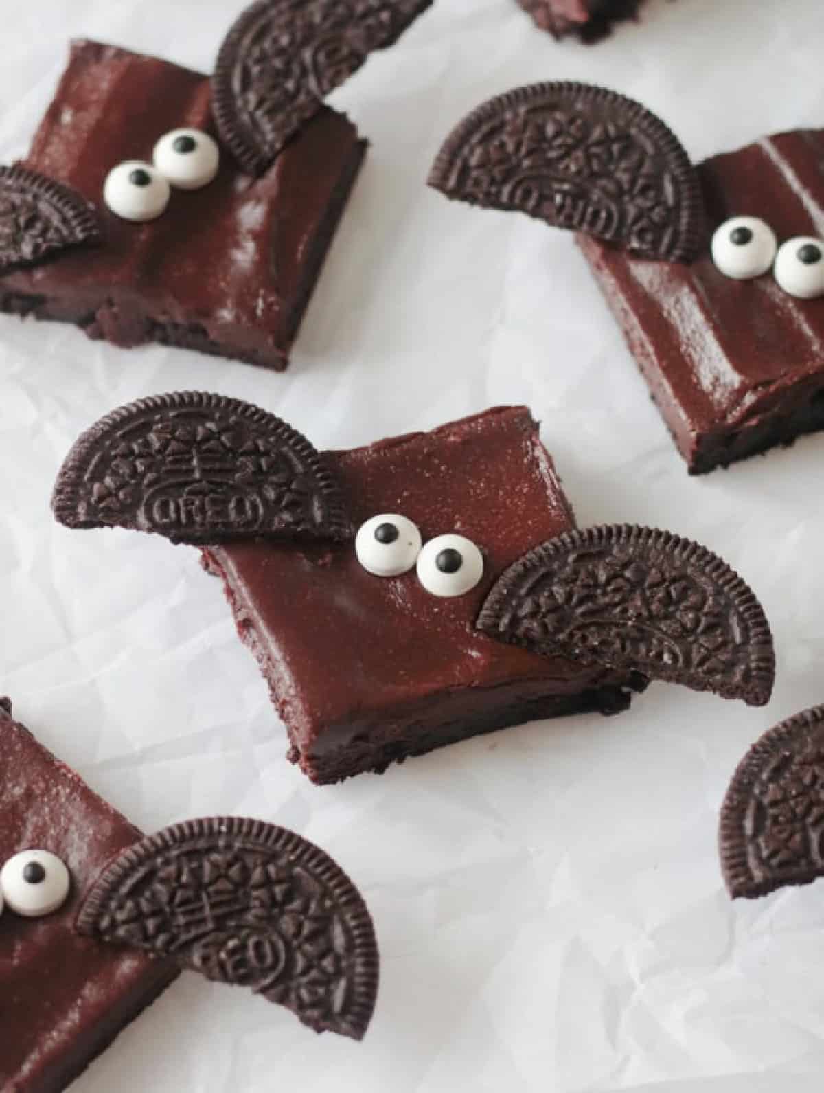 Bat brownies made with oreo wings and candy eyes.
