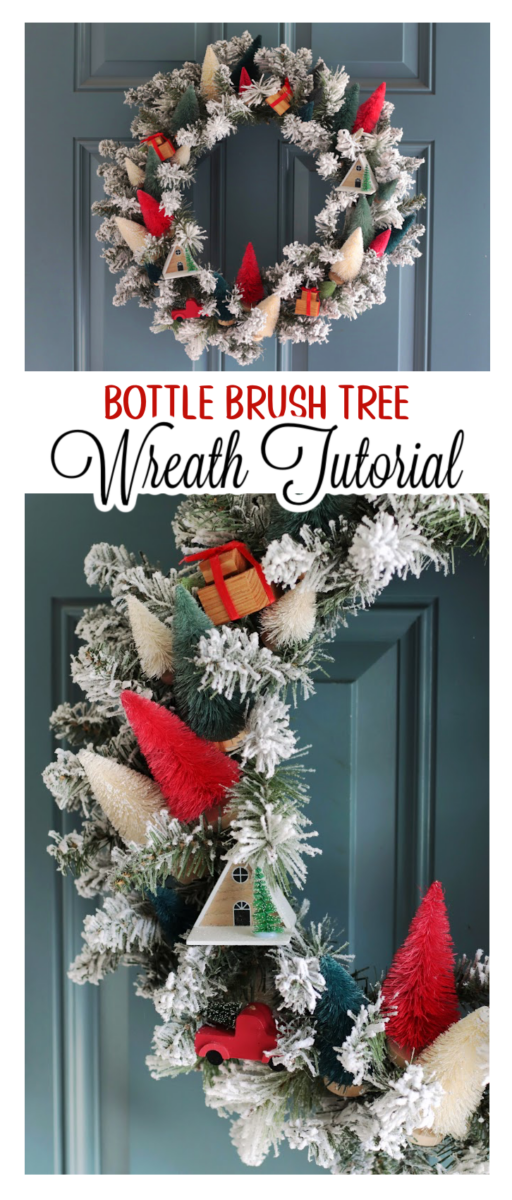 bottle brush tree wreath on door