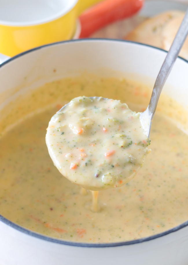 ladel of broccoli cheddar soup